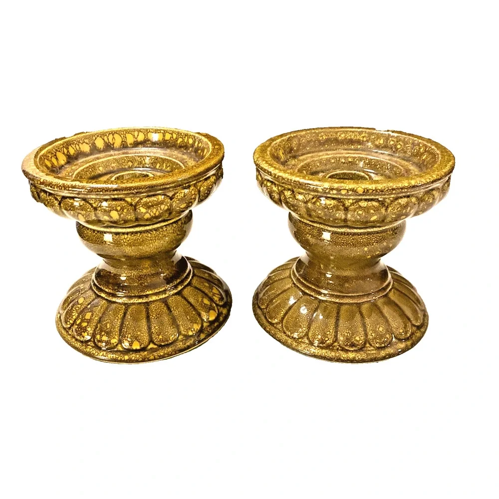 VTG Mid Century Candle Holder Pair Taper Pillar Pottery Ceramic Mottled Green
